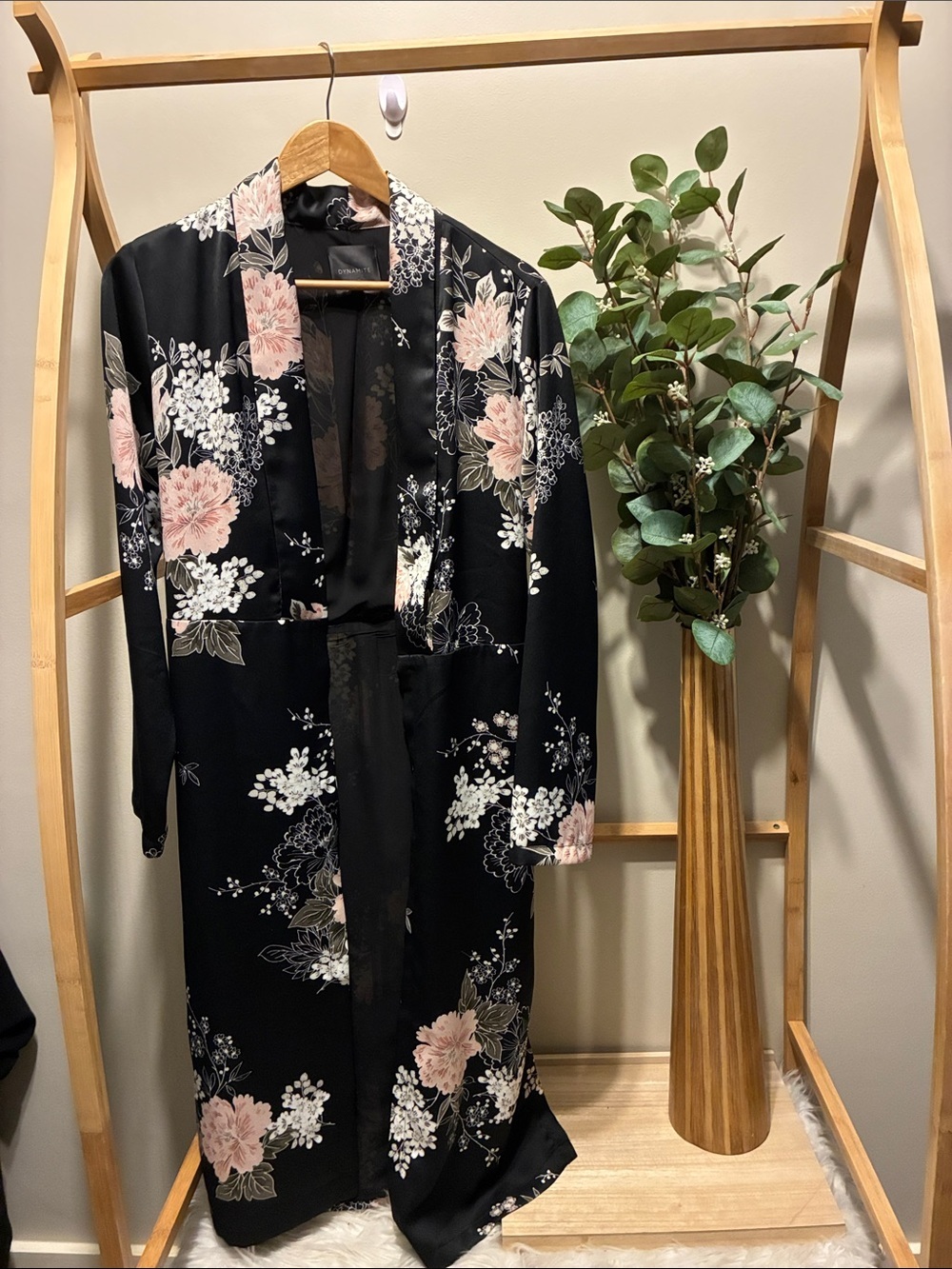Dynamite Black Satin Floral Kimono Robe with Pink Blossoms